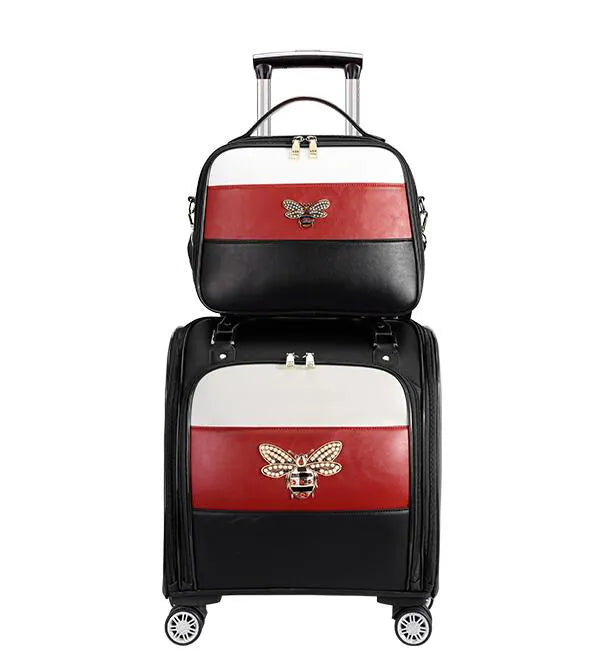 Queen Bee - Black, Red & White Light Weight Leather Rolling Luggage 16"/18" Inch