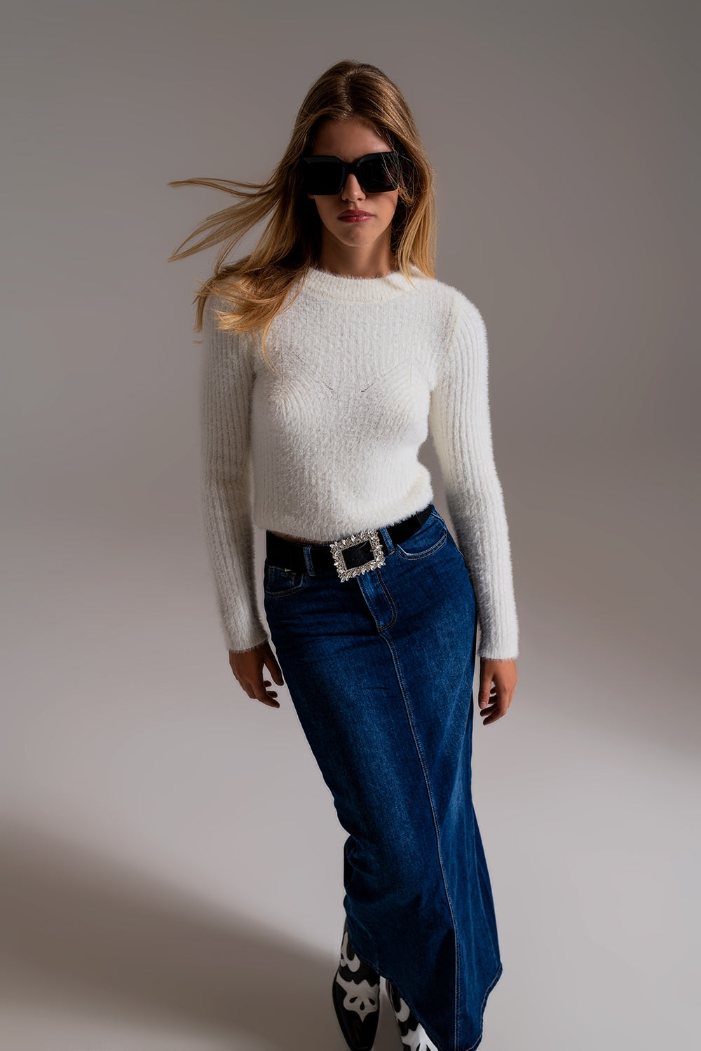 Ribbed Cropped Sweater With Stitching Detail