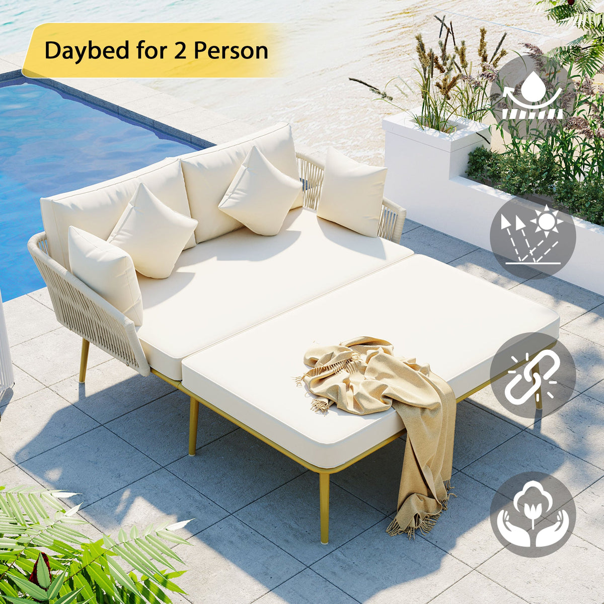 Outdoor Daybed, Woven Nylon Rope Backrest Set for 2 Person - Beige