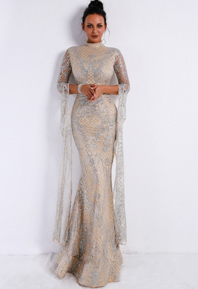 Stunning High Neck Silver and Ivory Evening Gown