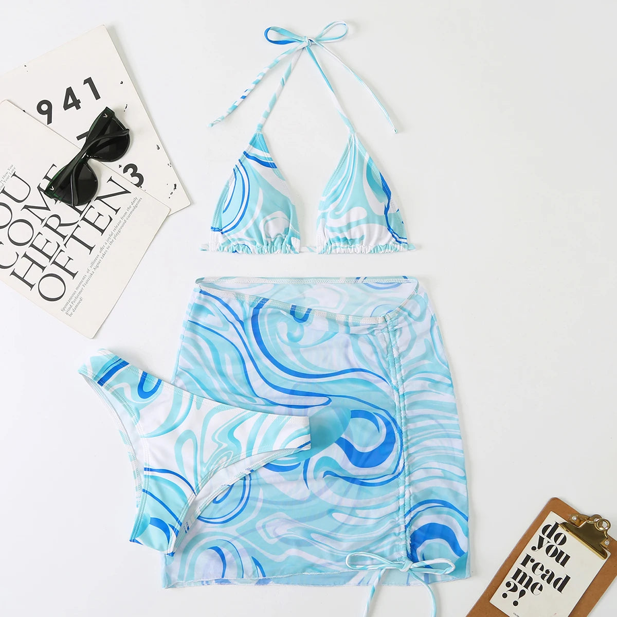 3 Pieces Bikini Set With Skirt Tie Dye String Thong Swim Suit