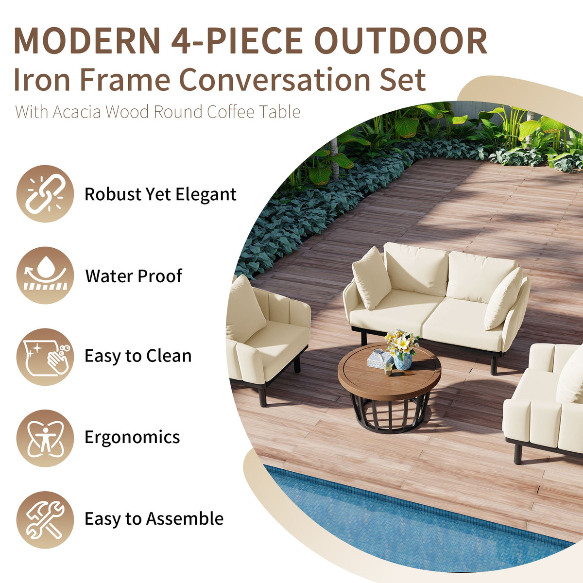 Luxury Modern 4-Piece Outdoor Iron Frame Conversation Patio Set