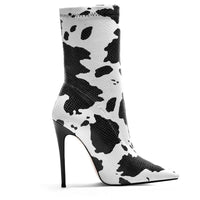 Black and White Cow or Newspaper Print Mid Calf Spike Heel Pointed Toe Short Boots