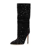 Frosted Rhinestone Pleated Knee High Heel Boots