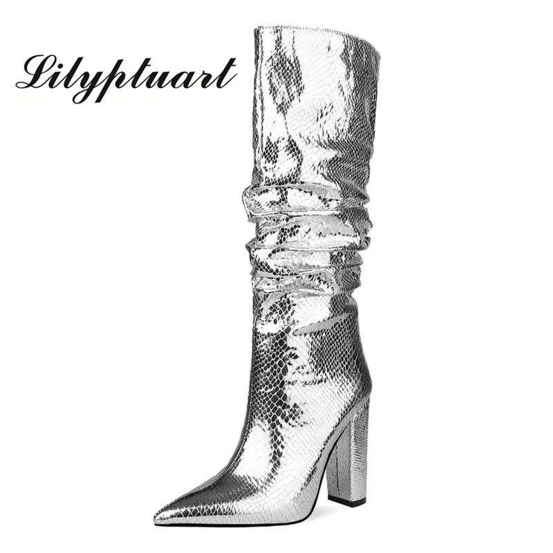 Knee High Metallic Pointed Toe Square Heel Party Boots