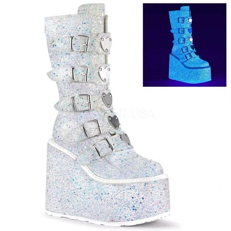 Rave Punk Glow Sparkle Buckle Motorcycle Boots