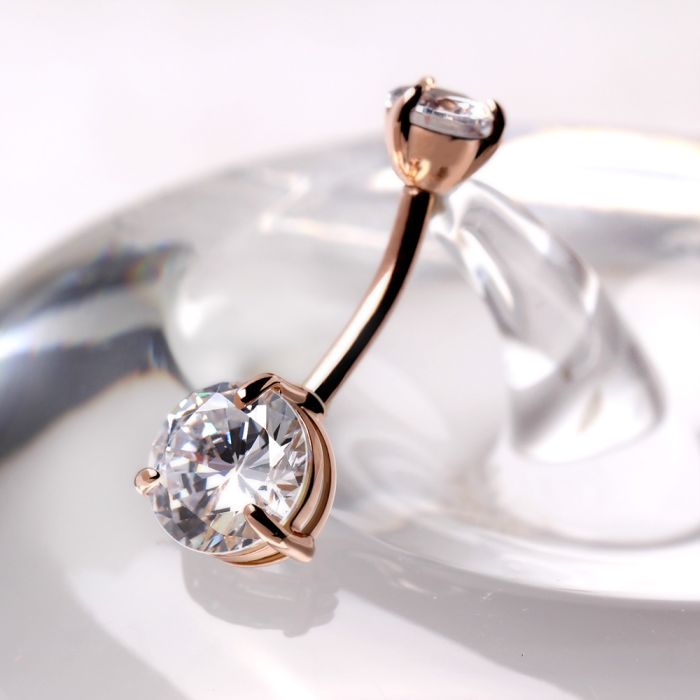 14Kt Rose Gold Navel Ring With Prong Set Clear Round CZ