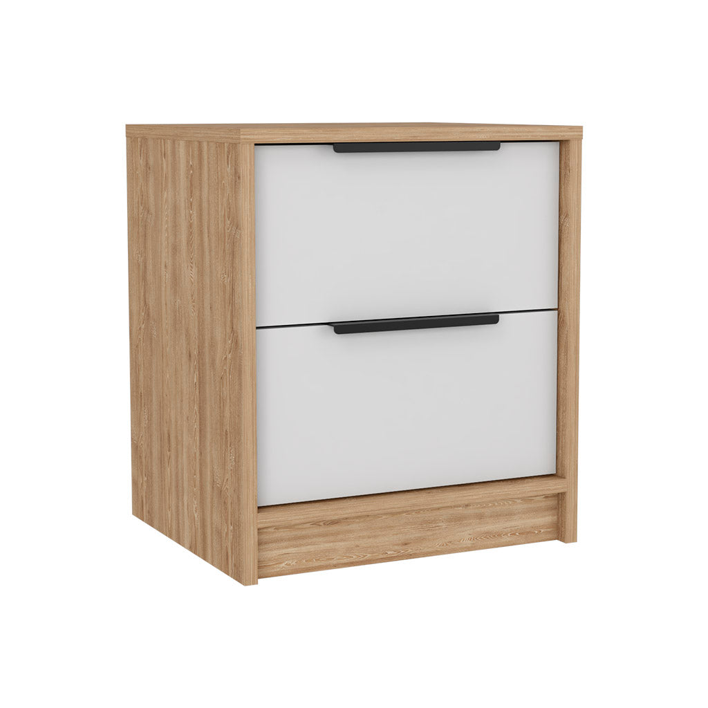 Nightstand Cervants, Two Drawers, Metal Handle - White / Pine