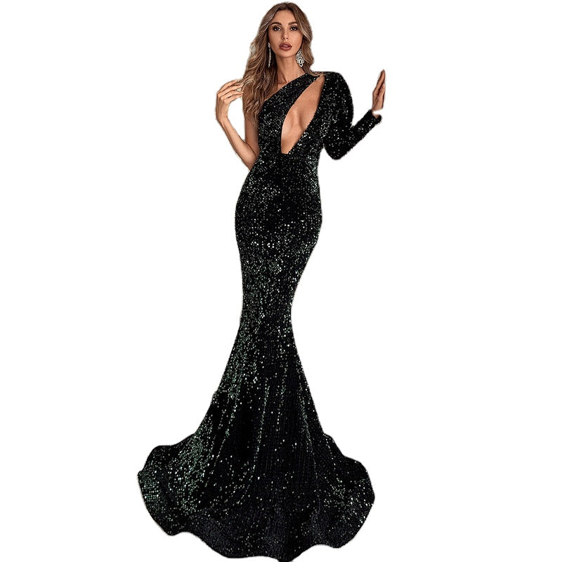 Stella - Sequined Long Sleeve Key Hole Long Evening Gown