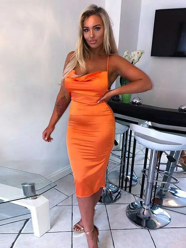 Dulzura Neon Satin Lace Up Bodycon Dress Sleeveless & Backless