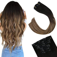 [16 Colors] 7 Pc Clip in Extensions, Human Hair 14-22" Double Weft Remy Hair