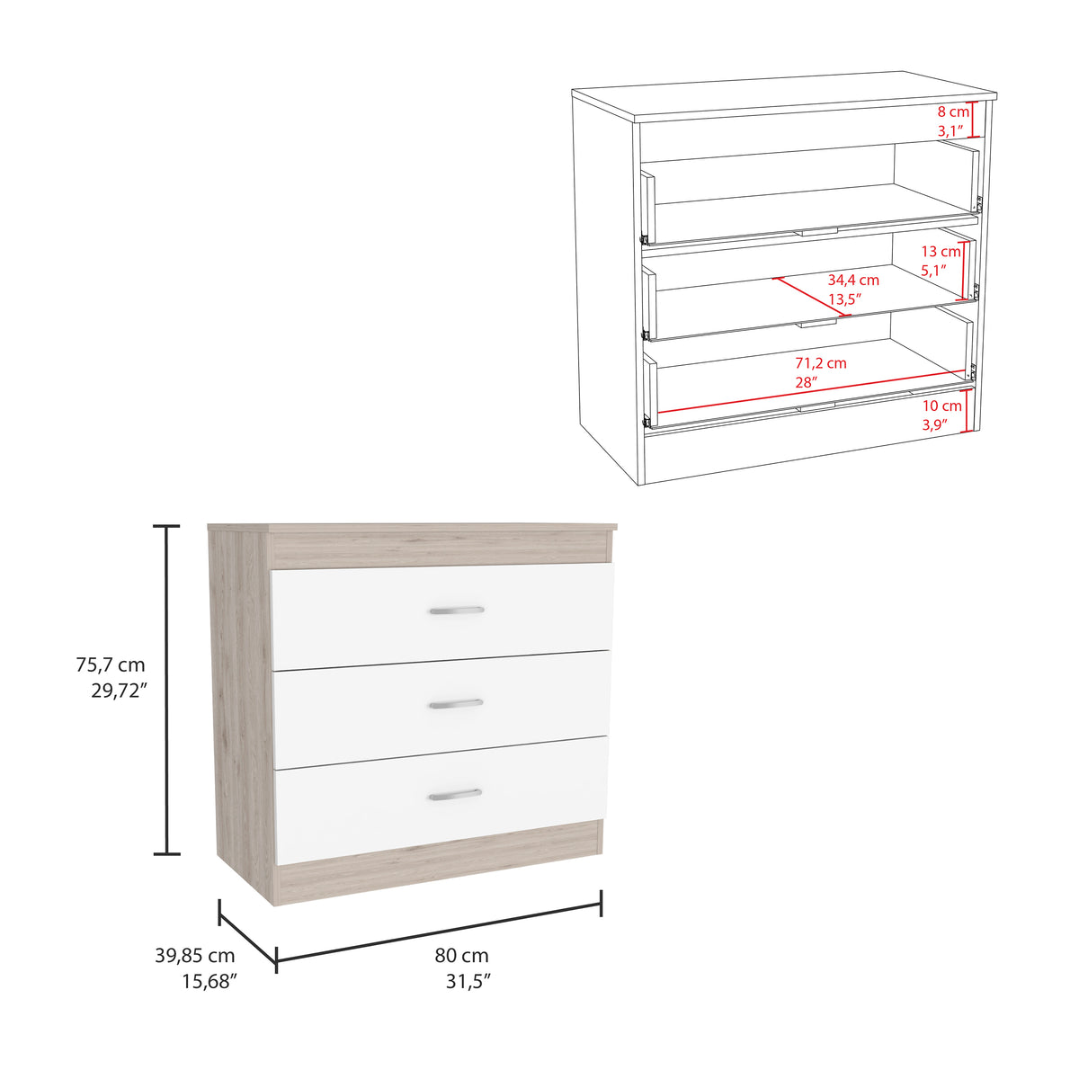 Three Drawer Dresser Lial, Superior Top, Metal Hardware - Light Gray / White