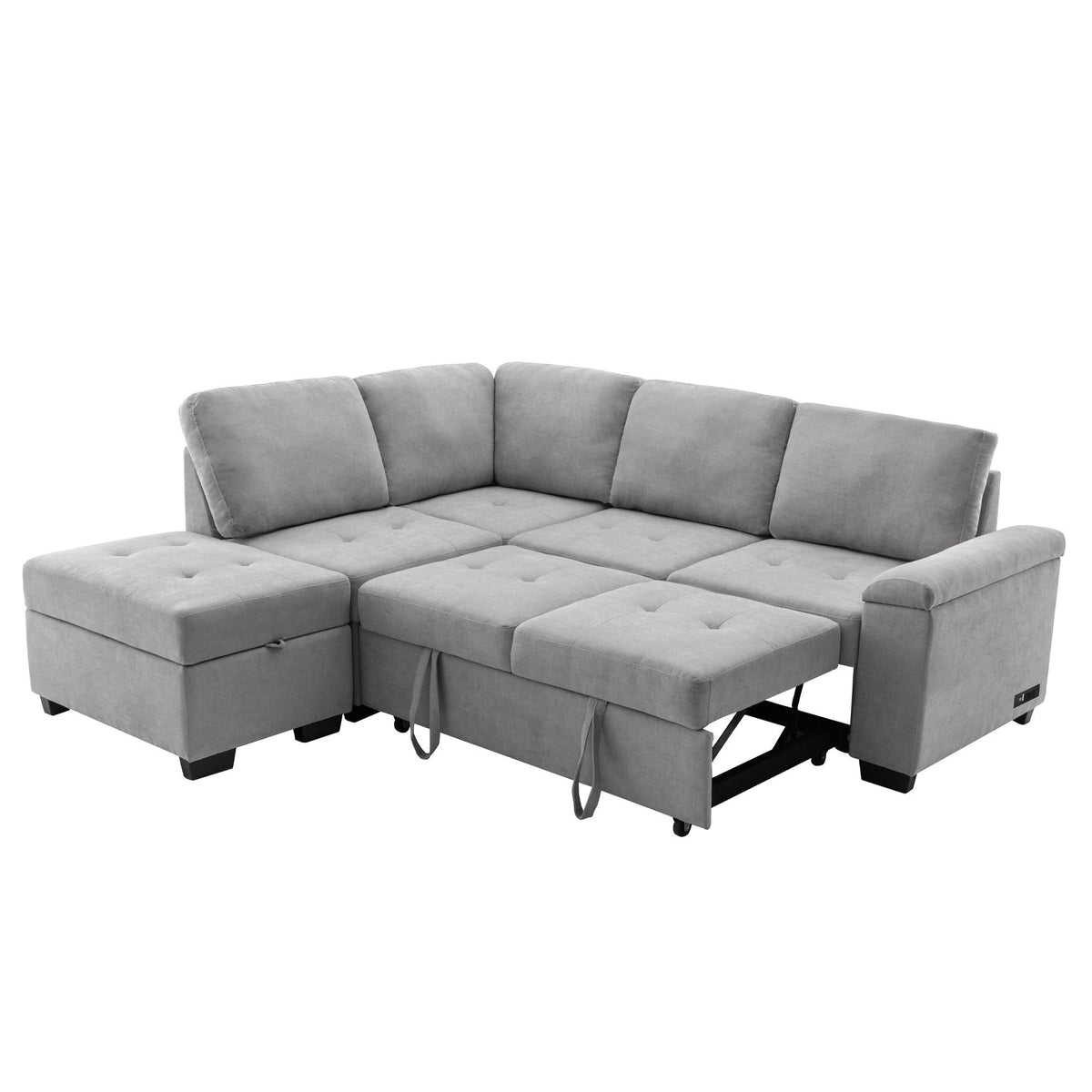 Sleeper Sofa, L-Shape w/ Storage Ottoman & Hidden Arm Storage & USB ports