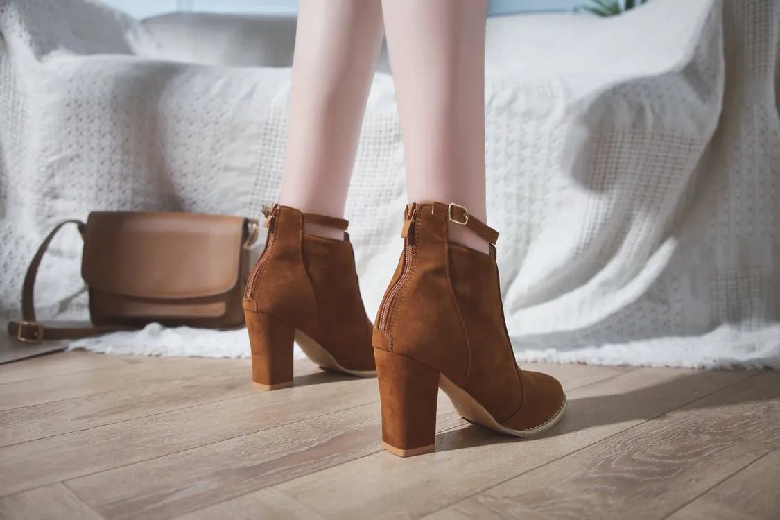 Square Heel Leather Ankle Boots