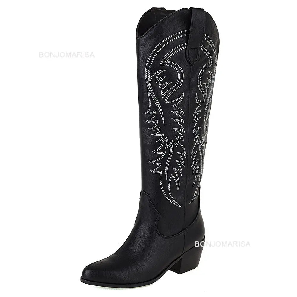 Embroidered Western Knee High Cowboy Boots (Multiple Color Options)