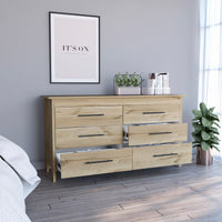 6 Drawer Double Dresser Wezz, Four Legs, Superior Top - Light Oak / White