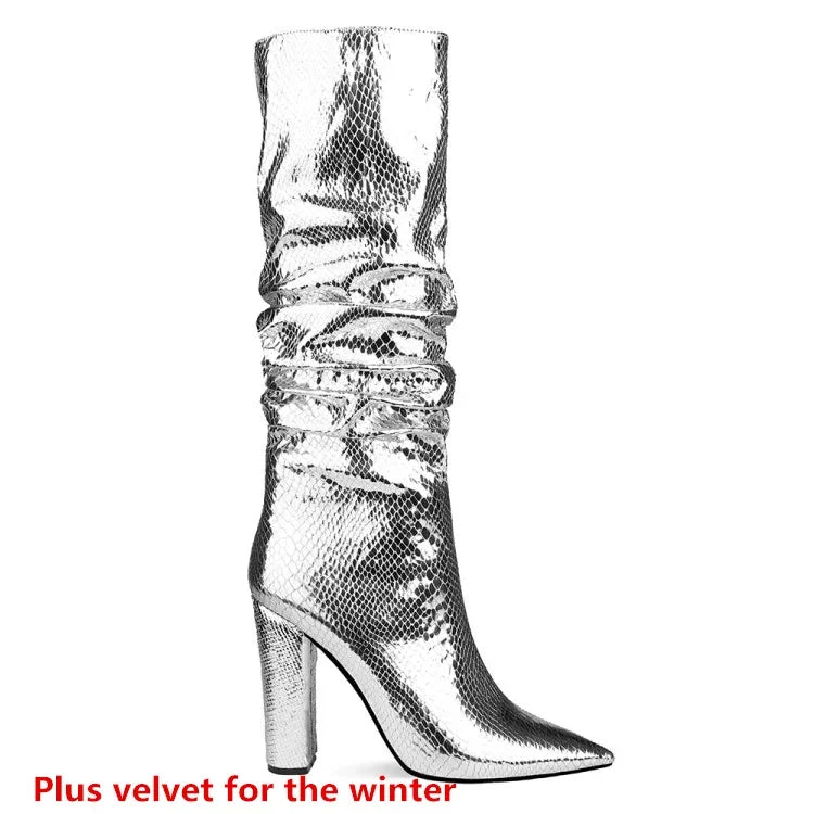 Knee High Metallic Pointed Toe Square Heel Party Boots