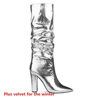 Knee High Metallic Pointed Toe Square Heel Party Boots