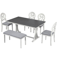 Mid-Century 6-Piece Table Set w/ Round Upholstered Dining Chairs & Bench