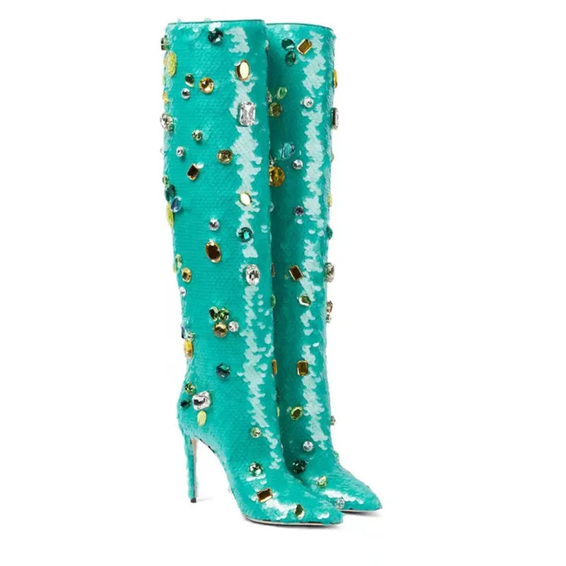 Sequin Rhinestone Knee-High Boots