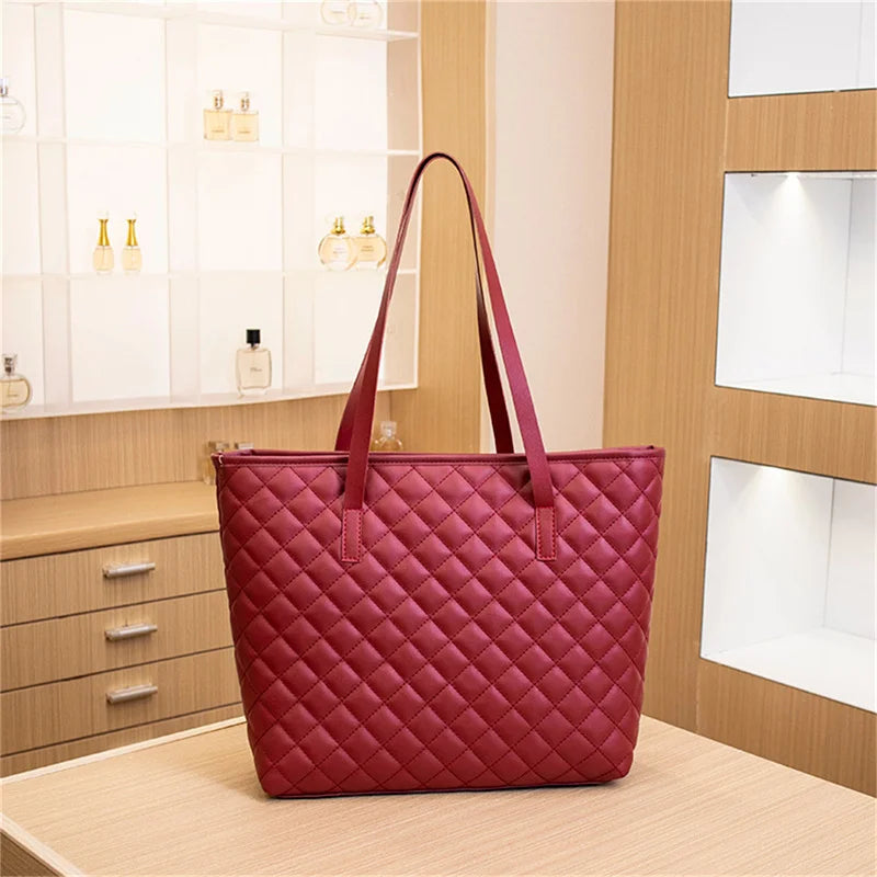 Women Rhombic Embroidery Handbag PU Leather Solid Color Fashion Tote Shoulder Bag