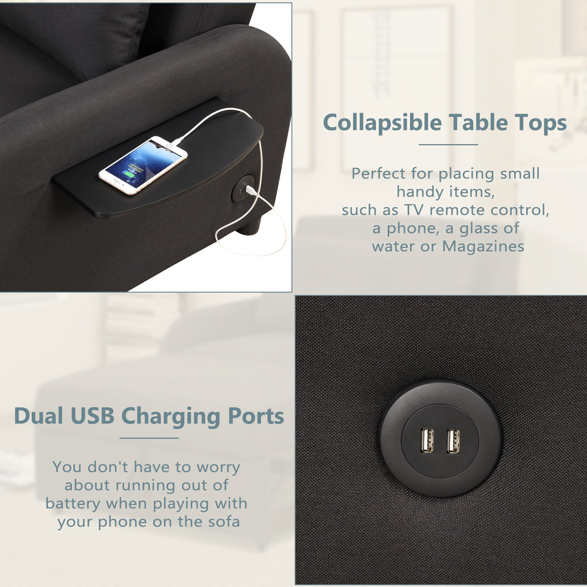 Pull Out Sofa Sleeper 3 in 1 With 2 Wing Table and USB Charge