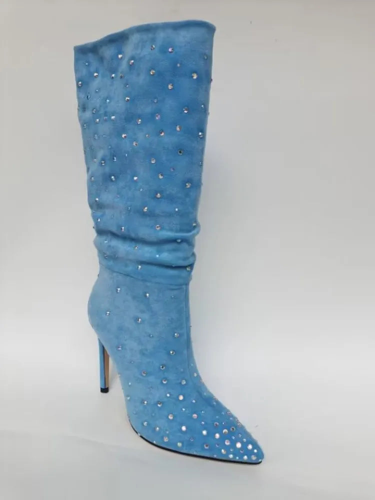 Frosted Rhinestone Pleated Knee High Heel Boots