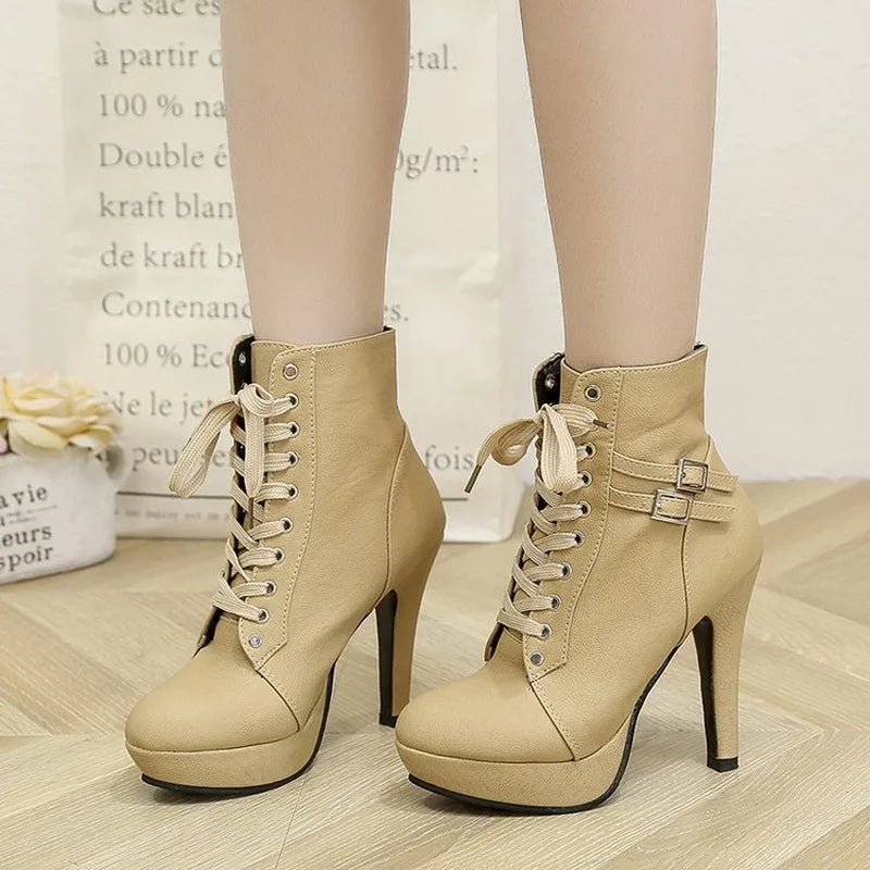 Platform High Heels Lace Up Ankle Boots