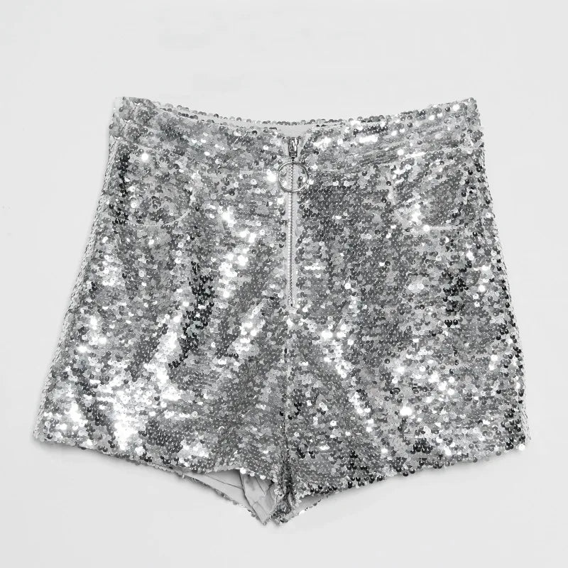 High Waist Sequin Shorts w/ O-Ring Zip