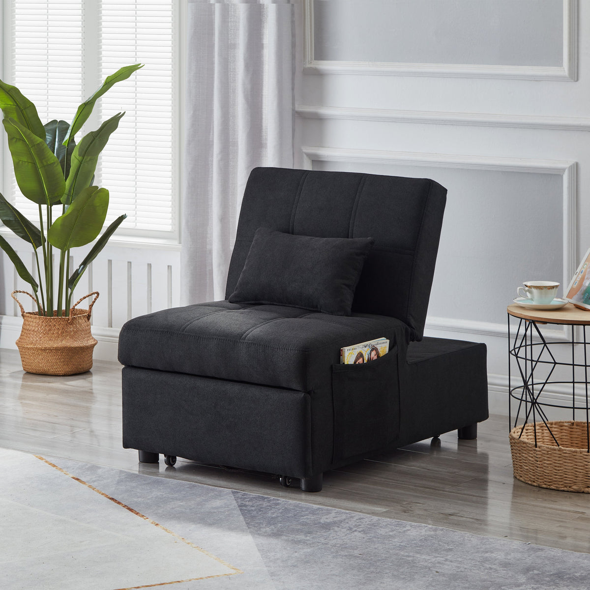 Living Room Bed Room Furniture With Black Linen Fabric Recliner Chair Bed