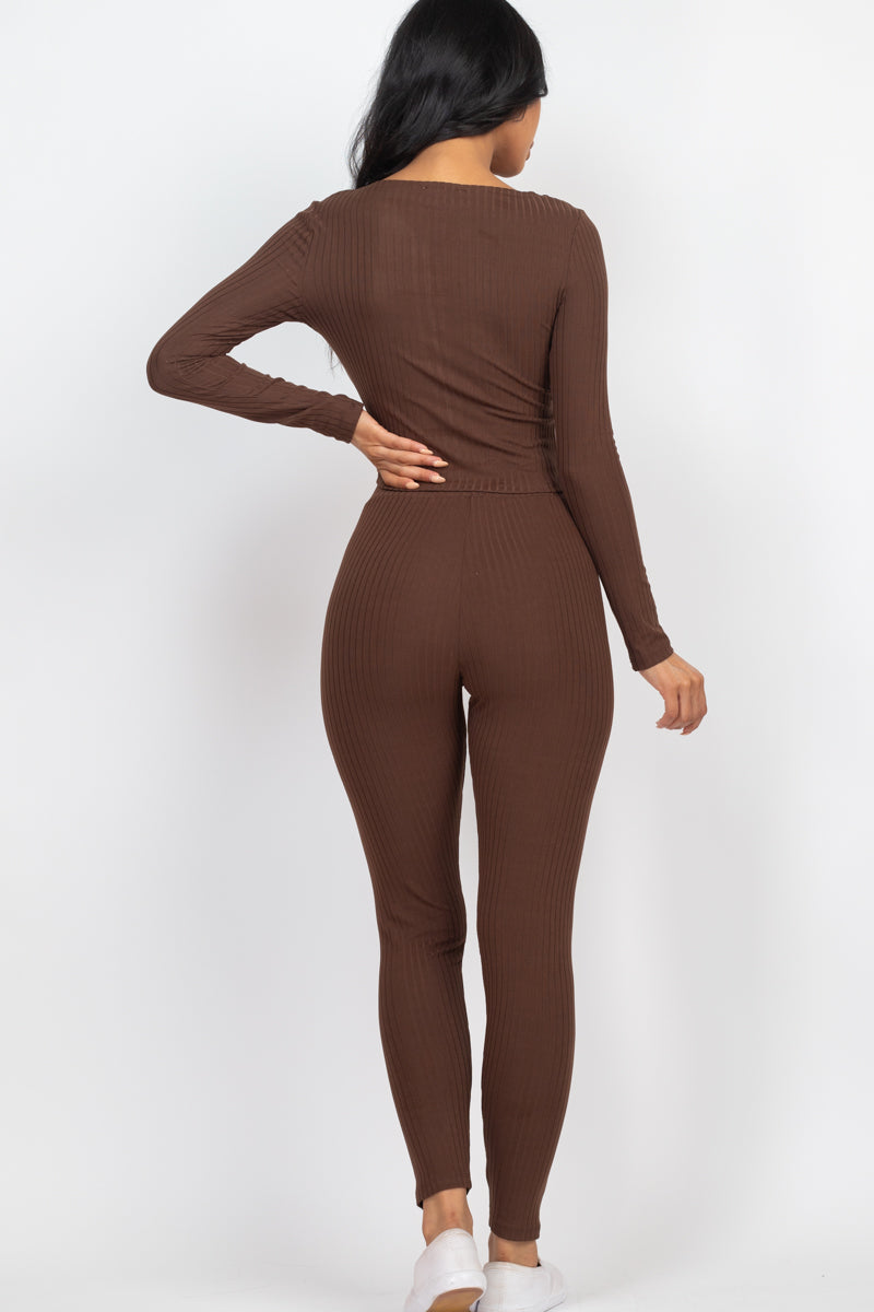 Ribbed Zip Front Long Sleeve Top & Leggings Set (CAPELLA)