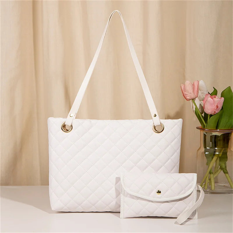 Women Rhombic Embroidery Handbag PU Leather Solid Color Fashion Tote Shoulder Bag