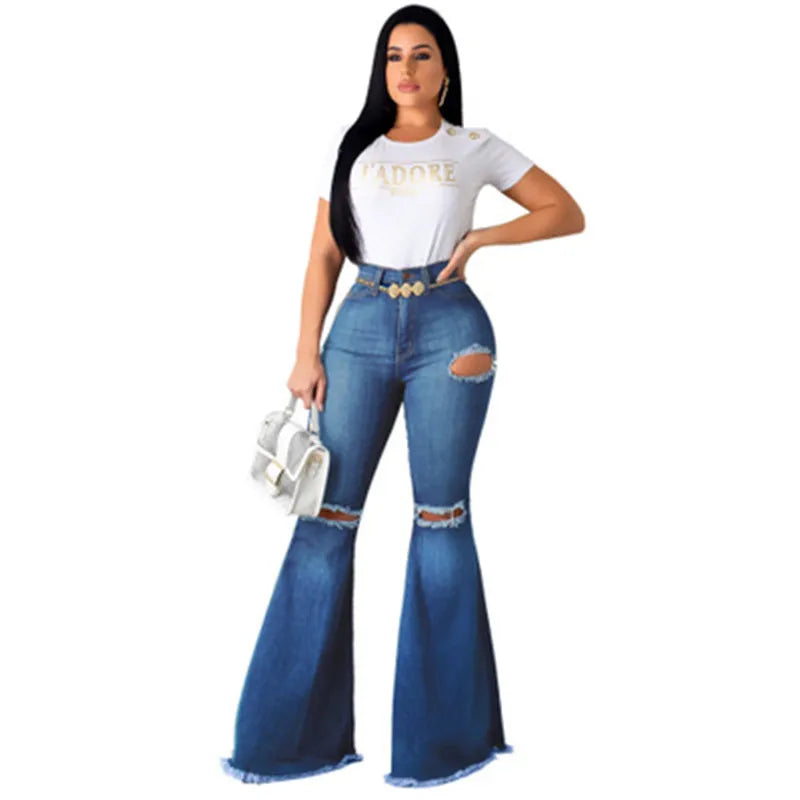 Denim High Waist Flare Ripped Stretchy Jeans (Multiple Colors)