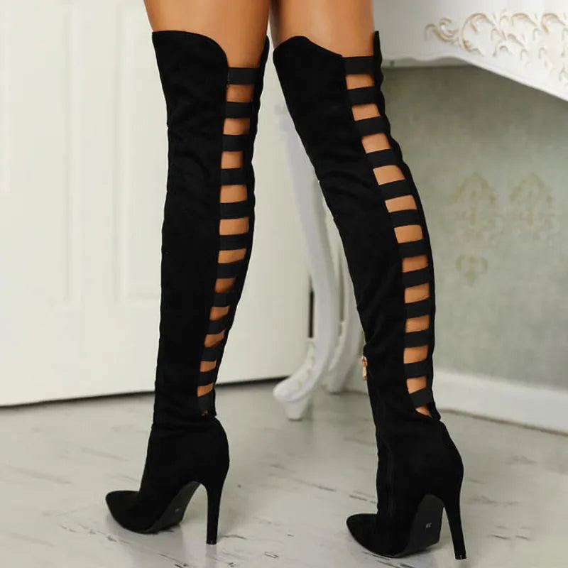 Ladder Cut - Over the Knee Stretch High Heel Boots