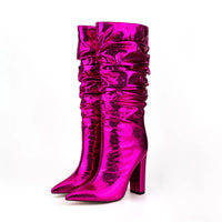 Knee High Metallic Pointed Toe Square Heel Party Boots