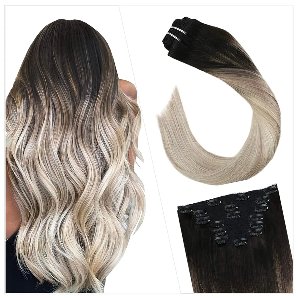 [16 Colors] 7 Pc Clip in Extensions, Human Hair 14-22" Double Weft Remy Hair