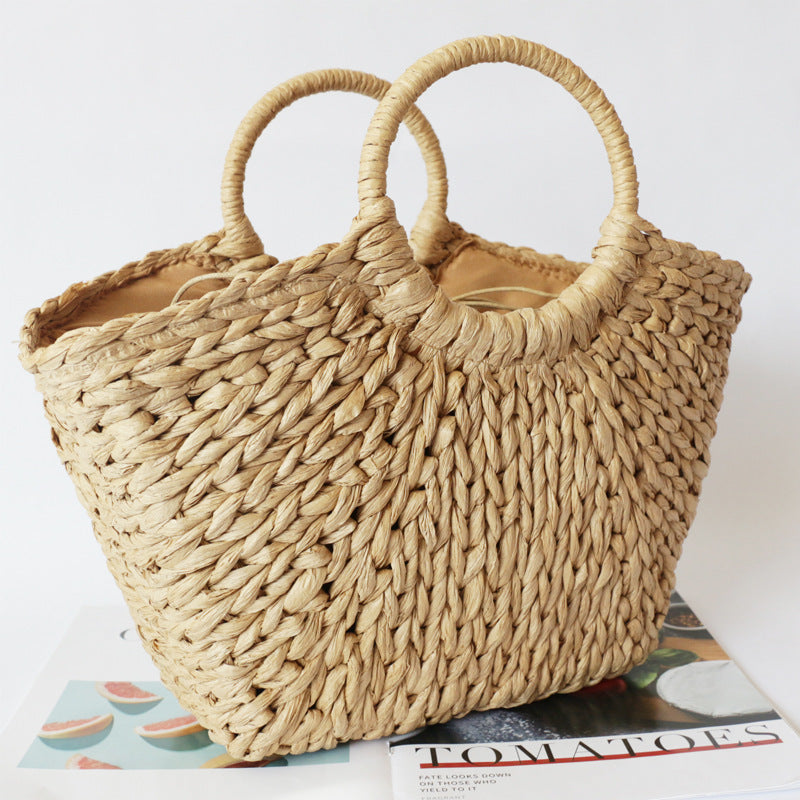 Summer Handmade Beach Straw Moon Shaped Top Handle Handbags Totes