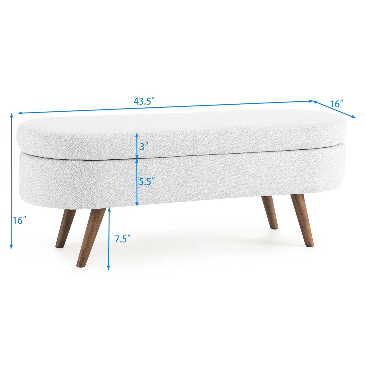 Ottoman Oval Storage Bench, Rubber Wood Legs, White(43.5"x16"x16")