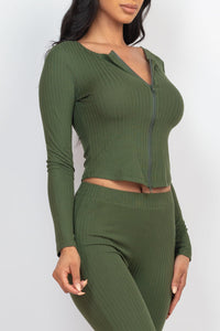 Ribbed Zip Front Long Sleeve Top & Leggings Set (CAPELLA)