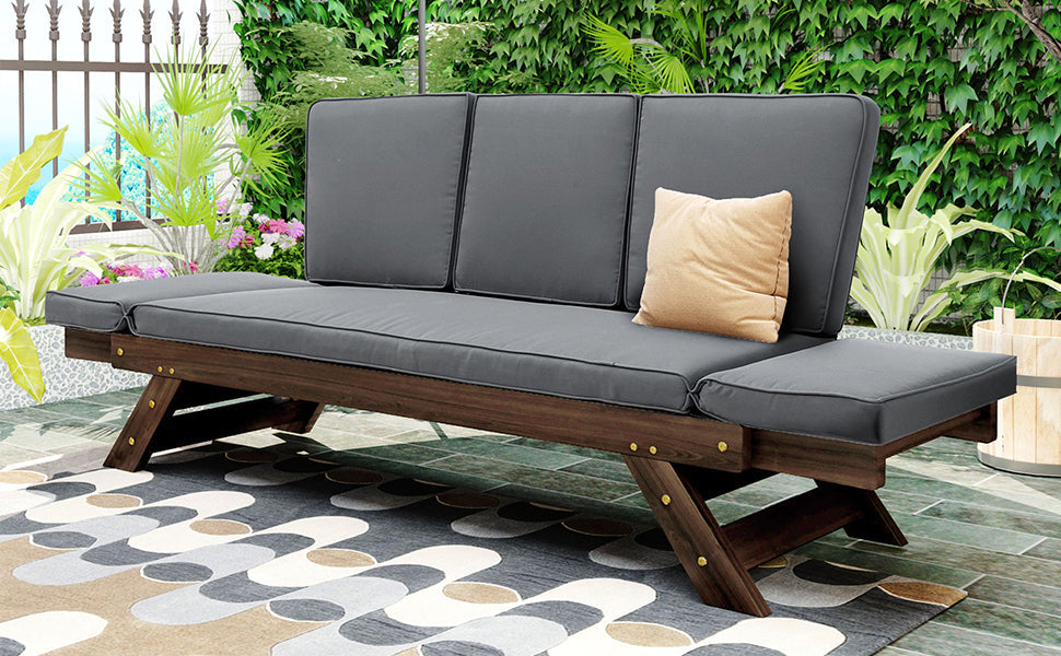 Outdoor Adjustable Patio Wooden Daybed Brown Finish + Gray Cushion