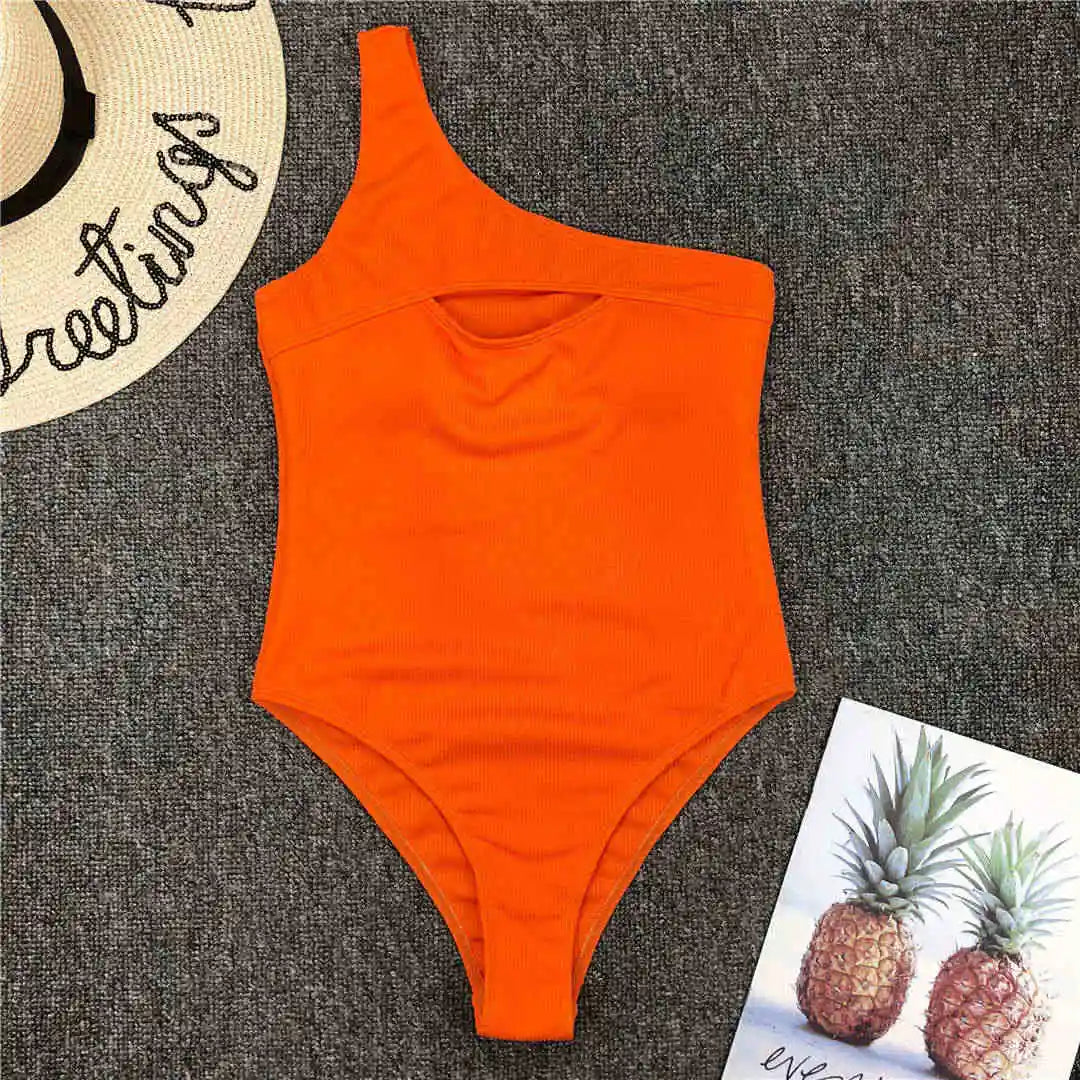 Ribbed One Shoulder Monokini w/ Keyhole Accent One Piece Swimsuit