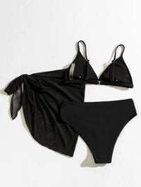 Three Pieces Swimwear Black Bikini Set With Cover Up