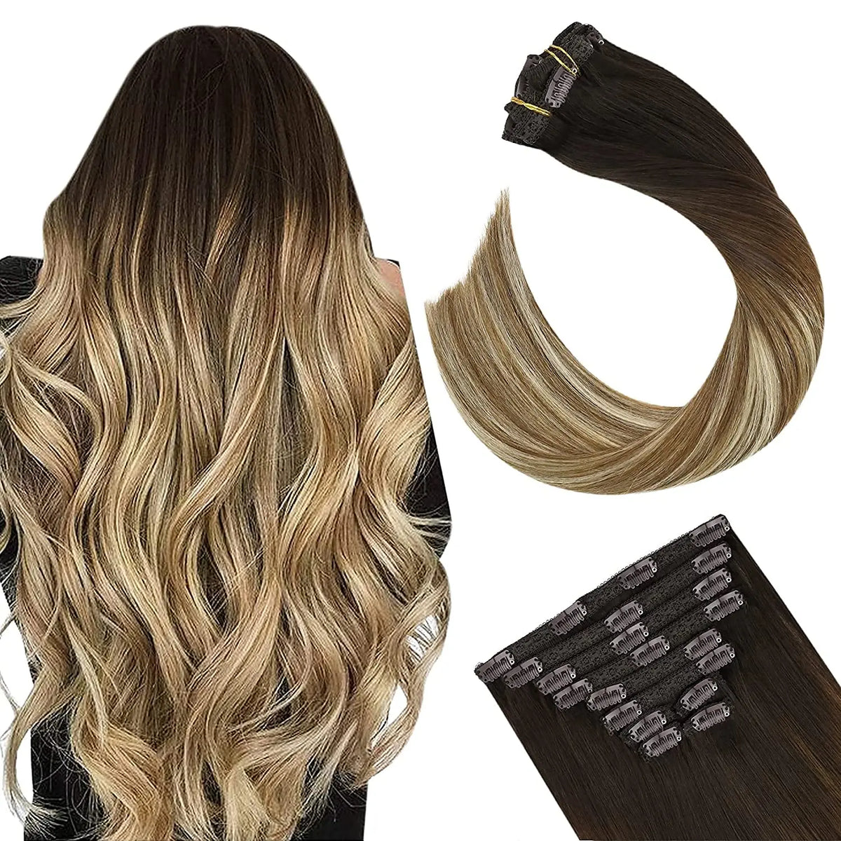 [16 Colors] 7 Pc Clip in Extensions, Human Hair 14-22" Double Weft Remy Hair