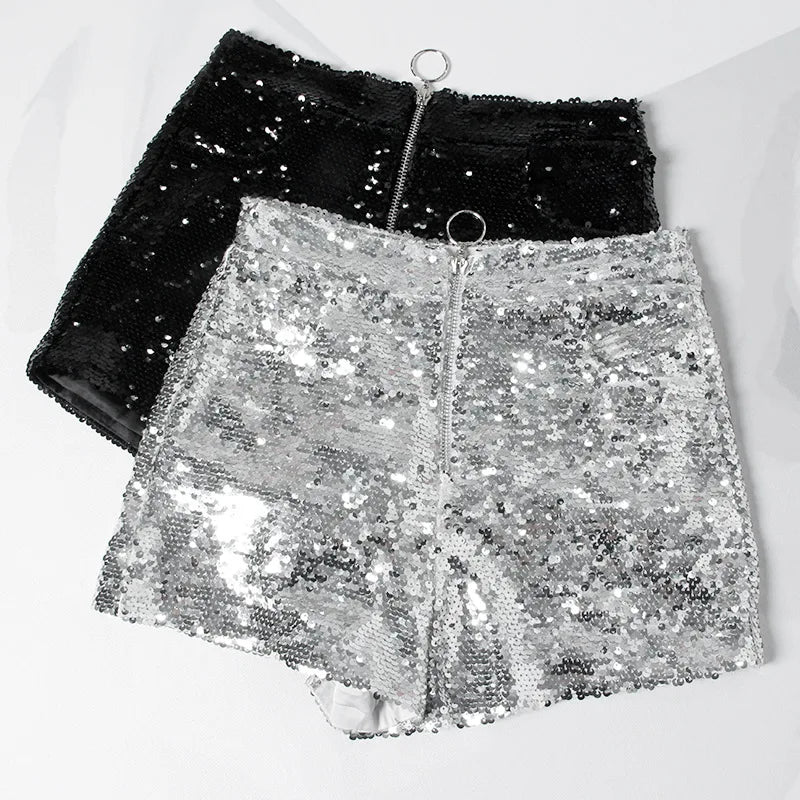 High Waist Sequin Shorts w/ O-Ring Zip