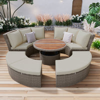 5-Piece Round Rattan Sectional Set All-Weather PE Wicker w/ Round Liftable Table