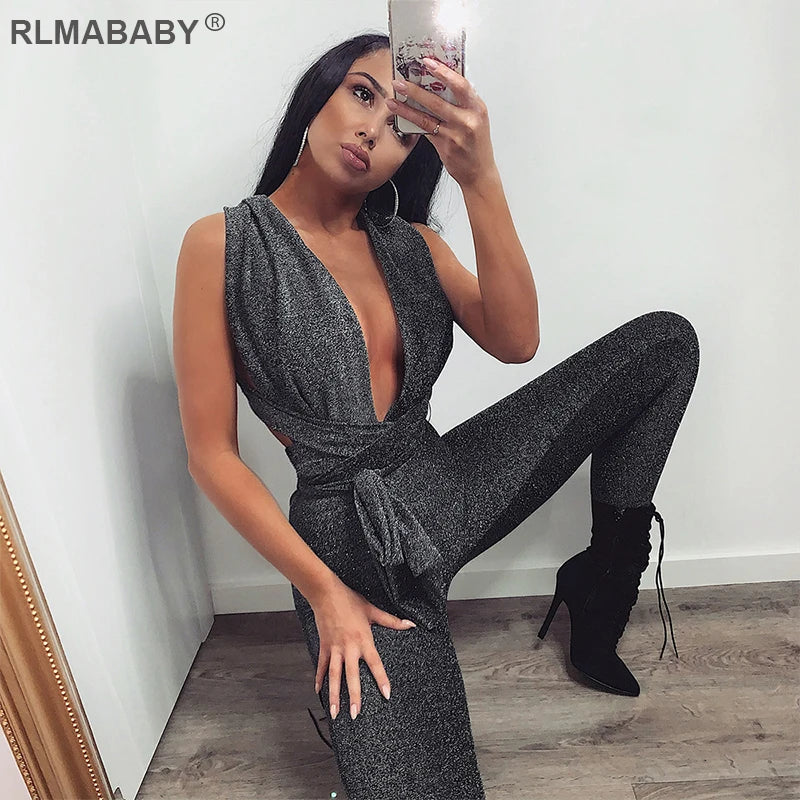 Deep Neck & Backless Shimmer Bandage Jumpsuit (Multiple Colors)