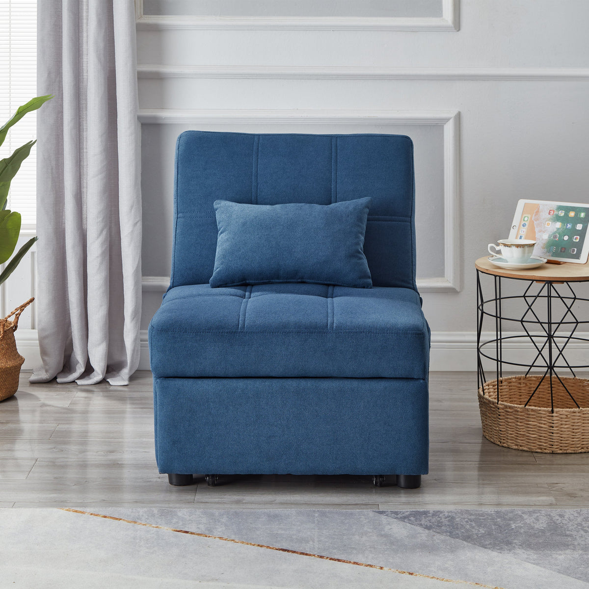 Living Room Bed Room Furniture With Blue Linen Fabric Recliner Chair Bed