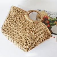 Summer Handmade Beach Straw Moon Shaped Top Handle Handbags Totes