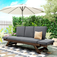 Outdoor Adjustable Patio Wooden Daybed Brown Finish + Gray Cushion