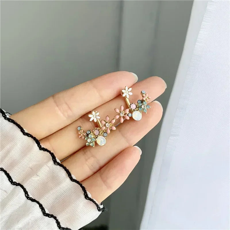 Fresh Cute Hook Drop Oil Flower Stud Crystal Earring